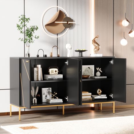 Buffet moderne 150x40x80cm - avec 4 portes - pieds en métal - panneau de particules - noir