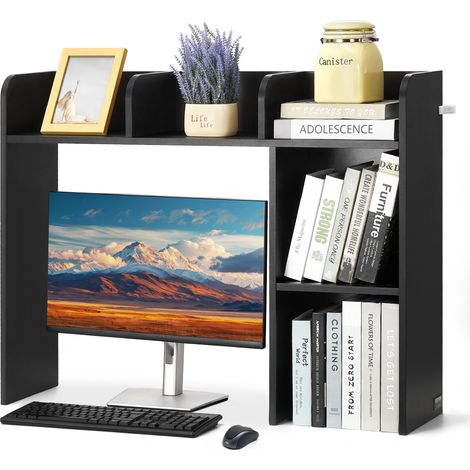 VEVOR Desktop Bookshelf, 2-Tier Desktop Storage Organizer, 37.2" x 9.5" x 28.9" Office Storage Rack Wood Display Shelf, Desktop Bookshelf Hutch with Anti-Slip Feet Pads, for Office, Home & Dorm, Black (1/5)