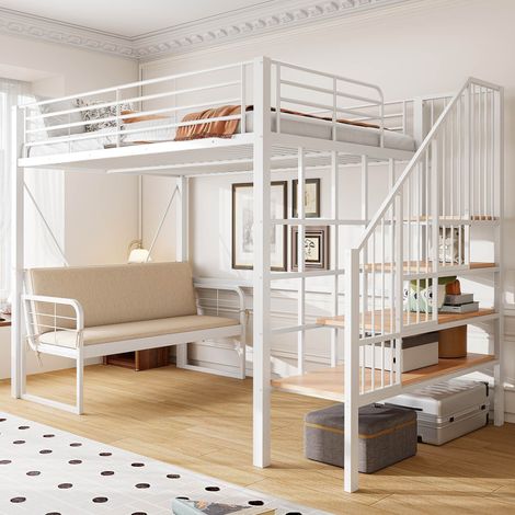 Lit mezzanine 140 x 200 cm avec canapé-lit amovible espace de rangement et escalier de sécurité Lit double Cadre en Métal Blanc (1/5)