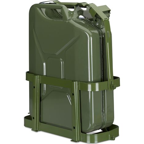Relaxdays – Porte-jerrycan pour voiture 10-20L – Support réglable en métal vert – Rangement sécurisé pour bidon d’essence – Charge max 40 kg