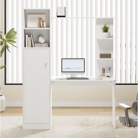 Escritorio 123.5x45x168.5 cm blanco en MDF con armario y estanterías (1/5)