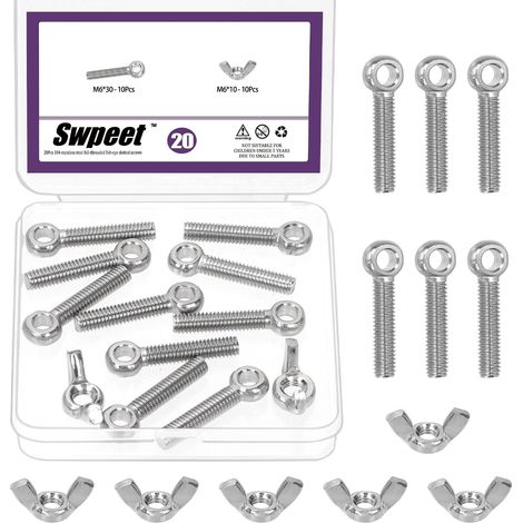 20Pcs M6 x 30mm 304 en acier inoxydable Épaule Swing Lifting Eye Boulon et M6 Kit d'assortiment d'écrous d'aile, Boulon de rigging Fisheye en fil métrique, Bouchon de dôme hexagonal (1/5)