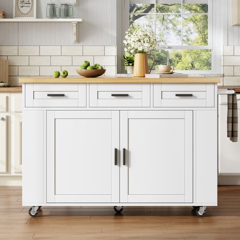 Îlot de cuisine roulant avec plan de travail rabattable, chariot de cuisine, meuble de rangement, placard poubelle, buffet avec organiseur coulissant, tiroir, prises et roulettes, 120 × 45 (70) × 84 c (1/5)