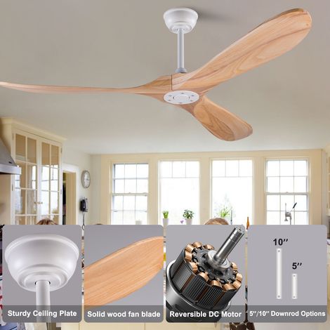 Ventilateur de plafond 152 cm avec 3 pales en bois – Design hélice, mémoire, télécommande, finition bois naturel, int/ext pour terrasse, salon, chambre ， 152 x 152 x 32 cm (1/5)