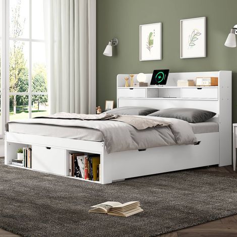 Lit double 160x200 cm en bois blanc avec tiroirs, armoire de rangement et port usb intégré, sans matelas (1/5)
