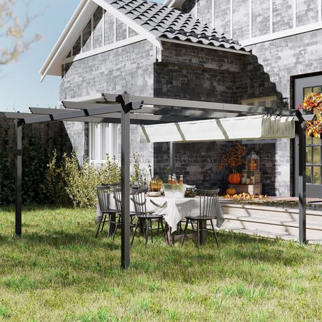 4x4 m Pergola-Pavillon mit einziehbarem Dach, 8 Schrauben und 8 Heringen aus Aluminium, Polyester und Metall, Weiß (1/5)