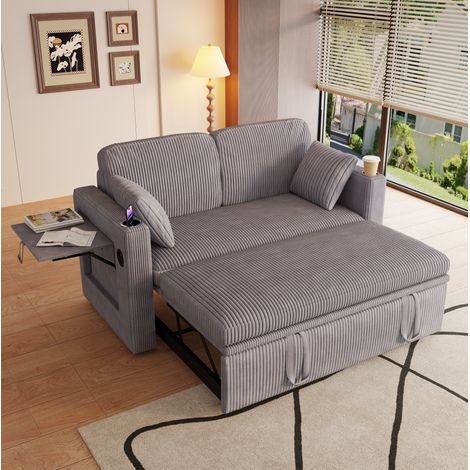 Sofá cama convertible de 2 plazas con respaldo ajustable y portavasos, gris DESVIAE (1/5)