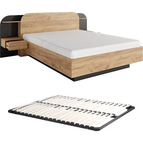 Letto con comodini 160 x 200 cm Con LED Naturale e Nero + Rete - JUVISIA (1/5)