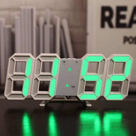 Digitale 3D-LED-Wanduhr mit weißem Rahmen und grünem Display – Weißer Rahmen und grüne Ziffern