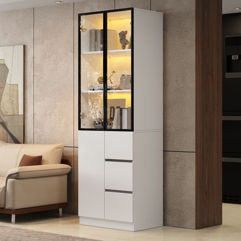 Vitrine LED 60 x 40 x 180 cm, 2 portes vitrées, tiroirs, étagères, commande par appli, aluminium, verre, panneaux de particules, blanc (1/5)