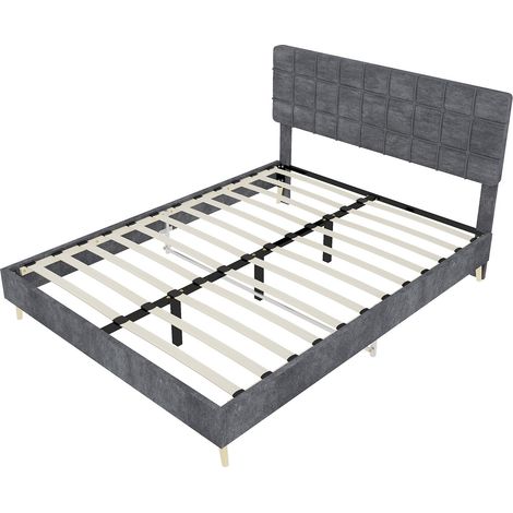 Cama doble de tejido gris oscuro con cabecero acolchado de cuadros 160 x 200 cm HOMVRA (1/5)