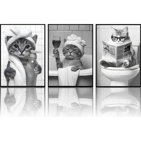 Lot de 3 toiles amusantes en noir et blanc–Chats mignons, loutres et ratons laveurs–Impression d'art humoristique pour salle de bain, toilettes– Sans cadre (chat, 3x30x40cm, Sans cadre) (1/5)