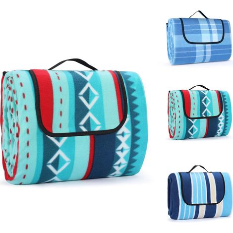Picknickdecke/Stranddecke, 200 x 200 cm, Picknickmatte/Campingdecke, wasserdichte Strandmatte/isolierende Liegestuhlmatte, mit Griff, geeignet für Camping, Picknicks und Reisen (blaue Streifen) (1/5)