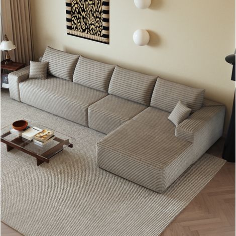 Sofá modular esquinero en L de 340 cm, tejido tipo corduroy, color camel, sin montaje, OKWISH (1/5)