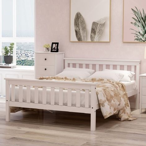 Letto matrimoniale letto in legno 140 x 200 cm letto in legno massello con reti a doghe, letto in pino per adulti, bambini, adolescenti, bianco (1/5)