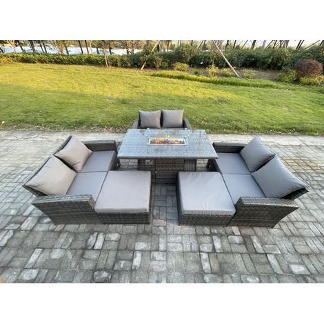 Fimous Rattan Garden Furniture Set Outdoor Lounge Sofa Chair Gas Fire Pit Dining Table Set With 2 Big Footstool Double Seat Sofa Armchiar