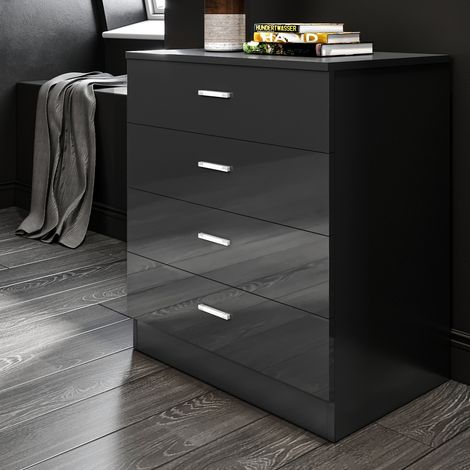 ELEGANT Black Chest of Drawer Modern Gloss Bedroom Storage Furniture 4 Drawers with Metal Handles Nightstand 685 x 600 x 400 mm