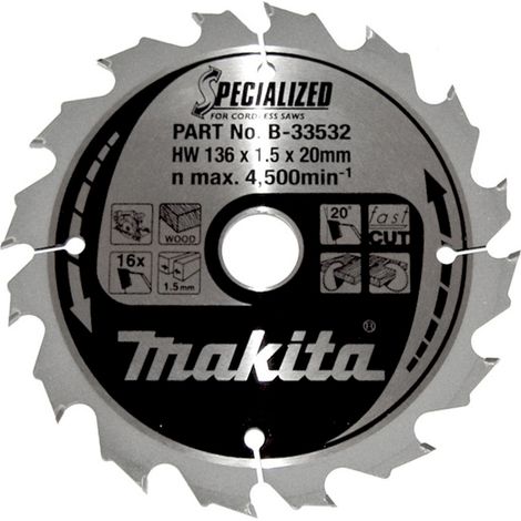 Makita SPECIALIZED B-33532 Hartmetall Kreissägeblatt 136 x 20 x 1 mm Zähneanzahl: 16 1 St. (1/2)