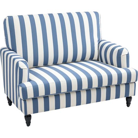Modern Cuddle Chair, Velvet Single Sofa Armchair with Stripe, Turned Legs and Wide Seat, Upholstered Snuggle Chair for Living Room, Bedroom, Blue and White