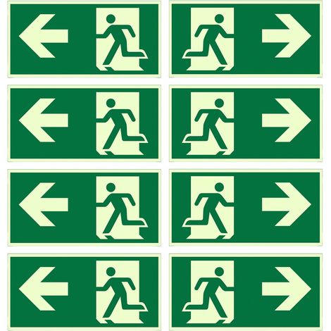 Lot de 8 Panneaux de Sortie de Secours Phosphorescents 300x150 mm – PVC Autocollant avec Flèches (Gauche, Droite) – Signalétique Photoluminescente de Sécurité pour Bureaux, Hôtels et Commerces (1/5)