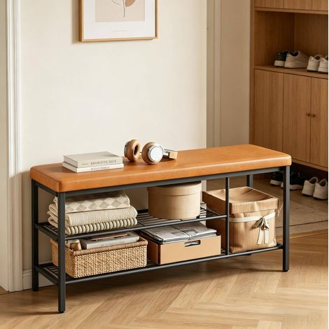 Zapatero con asiento 100x30x50 cm negro y marrón, 3 compartimentos, metal MEUBLIV (1/5)