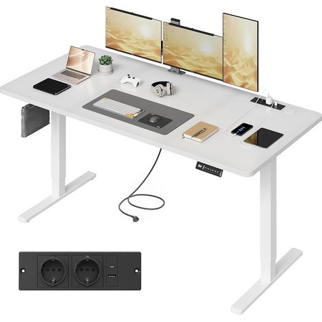Bureau Assis Debout Électrique 160x80cm avec Multiprise Blanc Pur (1/5)