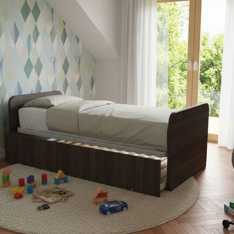 Letto singolo con letto estraibile, trasformabile in matrimoniale. Testate personalizzabili, reti in acciaio e doghe in faggio - Olmo jerez scuro