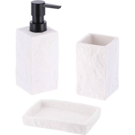 Set gobelet distributeur a savon et porte savon polyresine effet pierre - blanc - Tendance (1/2)