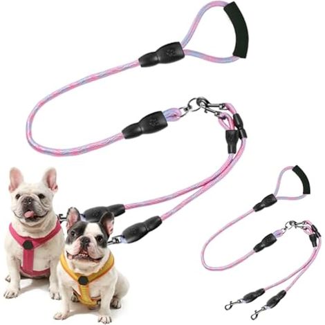 Laisse double pour chiens, rotative à 360°, anti-nœuds, avec 2 mousquetons, poignée en mousse antidérapante réglable pour chiens de petite et moyenne taille, rose (1/5)