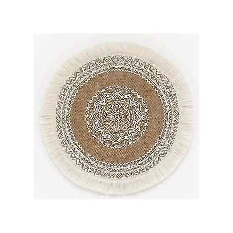 4er-Set bedruckte runde Tischsets im Bohème-Stil - Jute-Tischsets mit 15-Zoll-Pompons