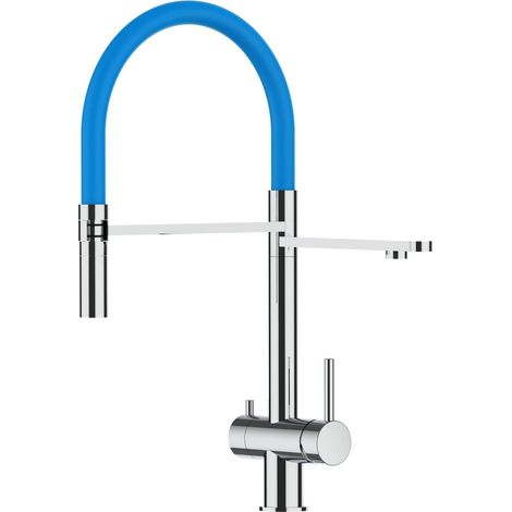 Rubinetto 3 vie miscelatore lavello cucina VIZIO in Acciaio INOX Lucido - Canna azzurra movibile e doccia due getti staccabile - ACCIAIO CHIRURGICO AISI 316 (1/4)