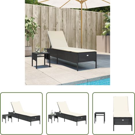 Chaise longue confortable - Chaise longue avec table et coussin noir résine tressée (1/5)