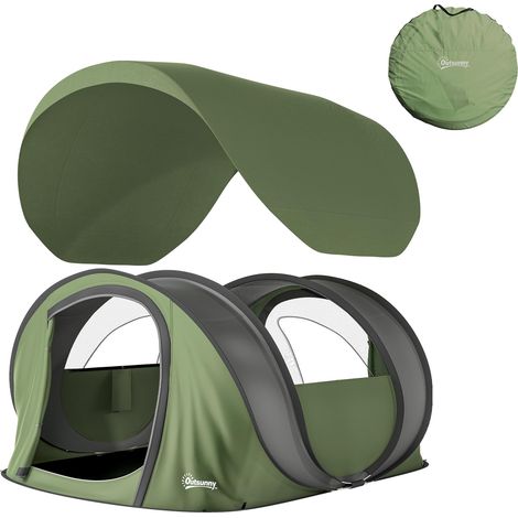 Tente de camping pliable pour 4 à 5 personnes, 2 portes, 2 fenêtres, imperméable, verte (1/5)