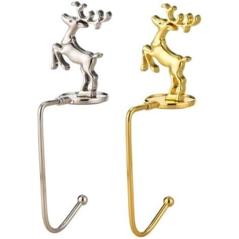 Pair Supports de bas de Noël pour arbres de Noël, crochets de sécurité pour cheminée et fournitures de fête de Noël (un renne en or et argent) (1/5)