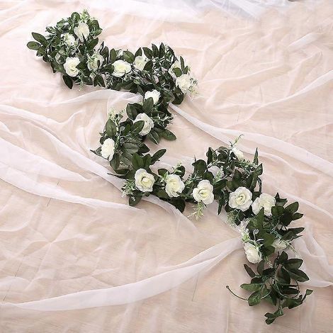Guirlande d'eucalyptus de 200 cm avec camélias, fleurs artificielles, roses en soie, décoration florale suspendue pour mariageblanc (1/5)