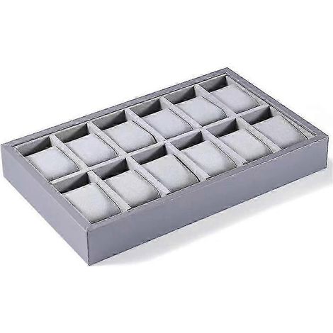 Plateau de rangement en bois pour montres et bijoux avec coussins (intérieur velours) – Gris, 12 emplacements (1/5)