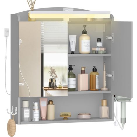 Armoire Murale Salle de Bain avec Miroir et LED, Meuble de Salle de Bain, Prise et Interrupteur, avec Étagère Réglable, Support Sèche-Cheveux, Gris (1/5)