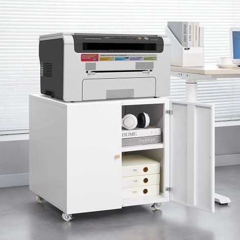 Support d'imprimante en métal avec rangement — Chariot mobile pour petits espaces — Doté de portes de placard, d'étagères réglables et d'un tiroir classeur sur roulettes — Conçu pour les bureaux à dom