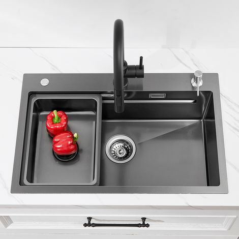 CECIPA Fregadero de cocina de acero inoxidable 70x45 cm, fregadero sobremontable, fregadero de cocina en relieve con dispensador de jabón, escurridor, fregadero pequeño antracita