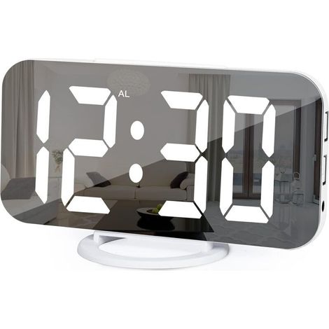 Digital Alarm Clock, Bedside Alarm Clock, 7" LED Mirror with 2 USB Charging Ports, Snooze Mode, Auto Brightness Adjustment, Easy to Set Desk Clock for Home (1/5)