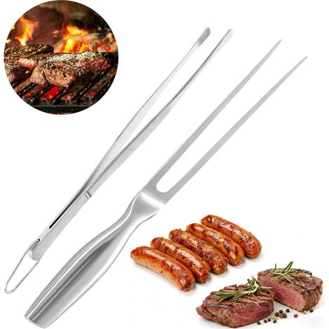 Tenedor de acero inoxidable para barbacoa + pinzas de cocina - Utensilios de cocina de acero inoxidable para asar a la parrilla - Perfectos para pavo, asado y cena (1/5)