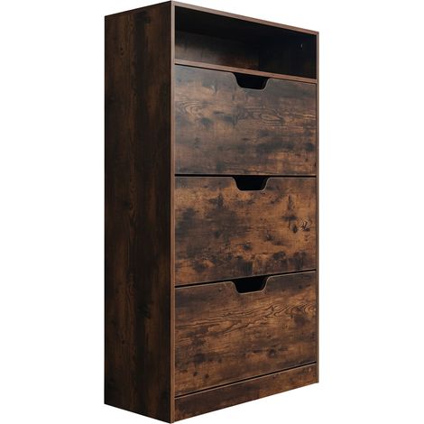 Relaxdays shoe cabinet with storage, HWD: 140x80x24 cm, for 18 pairs, 3 tilt-out doors, hallway, narrow, modern, brown