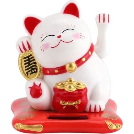 Objet décoratif - Maneki Neko HB066 - Energie solaire - Blanc et rouge - Porte bonheur (1/3)