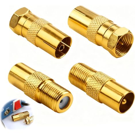 4 Adaptateur Antenne TV, Connecteur Coaxial F, Laiton Plaqué Or, Impédance 75 Ohms, Pour TV SAT Appareils Numériques