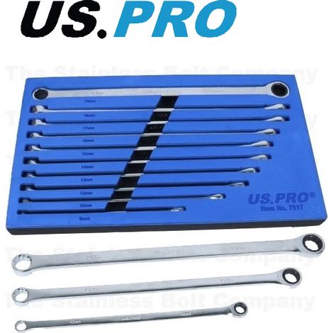 US PRO Gear Ratchet Spanner Set Extra Long Double Ring Single 10pc 8mm-19mm 7617