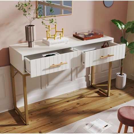 Coiffeuse 100x45x75 cm blanche en panneau de particules et métal avec 2 tiroirs et pieds réglables (1/5)