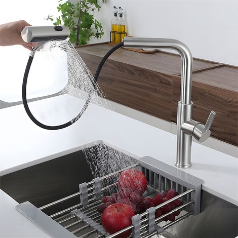 Robinet de cuisine multifonctionnel à douchette extractible, acier inoxydable, finition cascade et bec extractible, chromé (1/5)