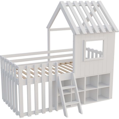 Letto a casetta per bambini 90 x 200 cm con tetto, finestra, vano contenitore e scala, bianco (1/5)