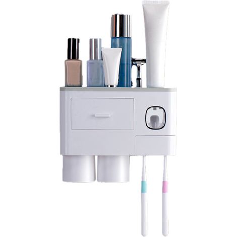Portaspazzolino da parete multifunzionale con fissaggio magnetico, scaffale portaoggetti per il bagno con cassetto, dispenser di dentifricio, 2 bicchieri, grigio (24,4x11,3x20 cm/9,6x4,4x7,9 pollici). (1/5)