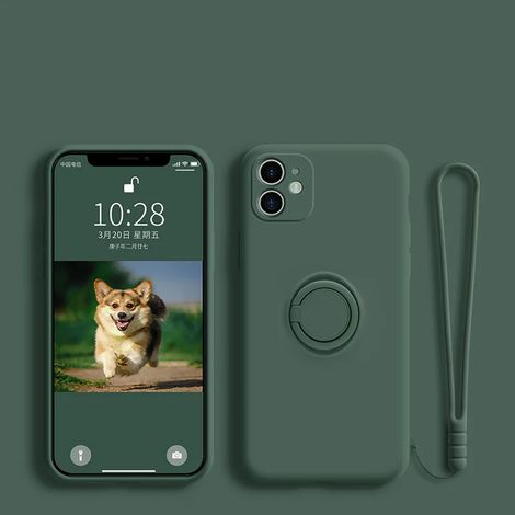 Coque de téléphone en silicone liquide souple (vert foncé) pour iPhone 12 Mini, avec support, anneau et dragonne. (1/5)